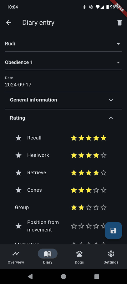 Dog sports diary screenshot