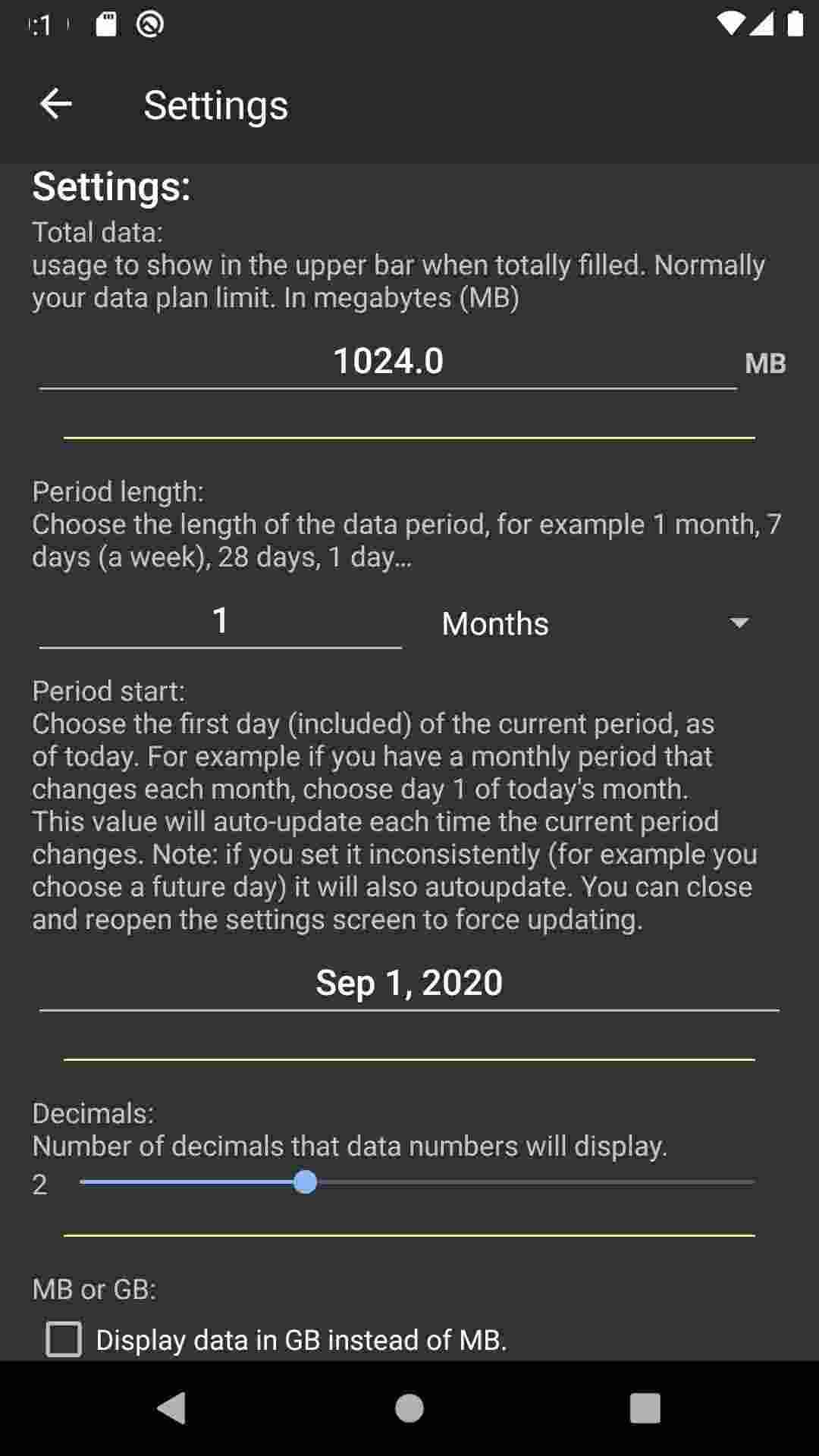Average data usage widget screenshot