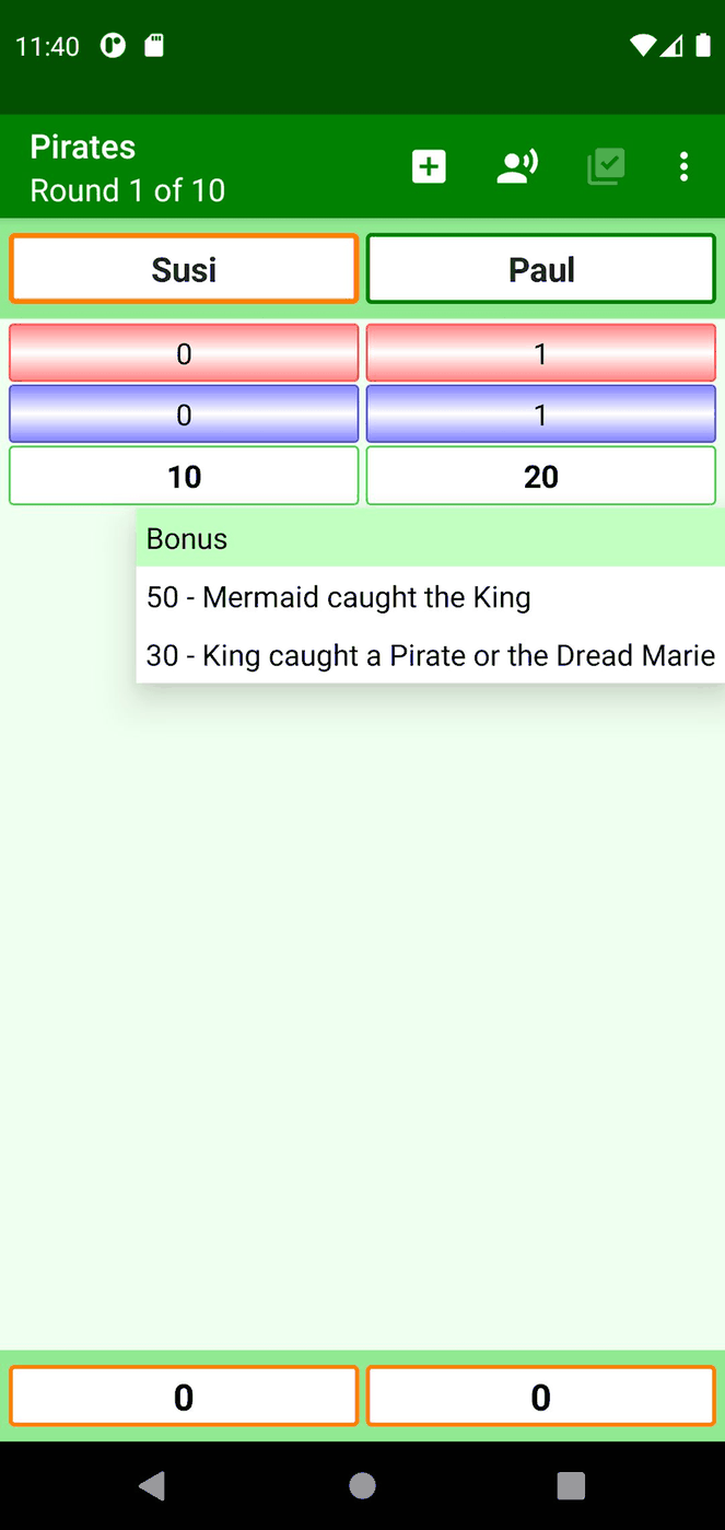 Score sheets screenshot