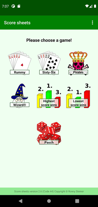 Score sheets screenshot