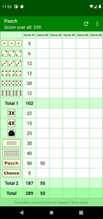 Score sheets screenshot